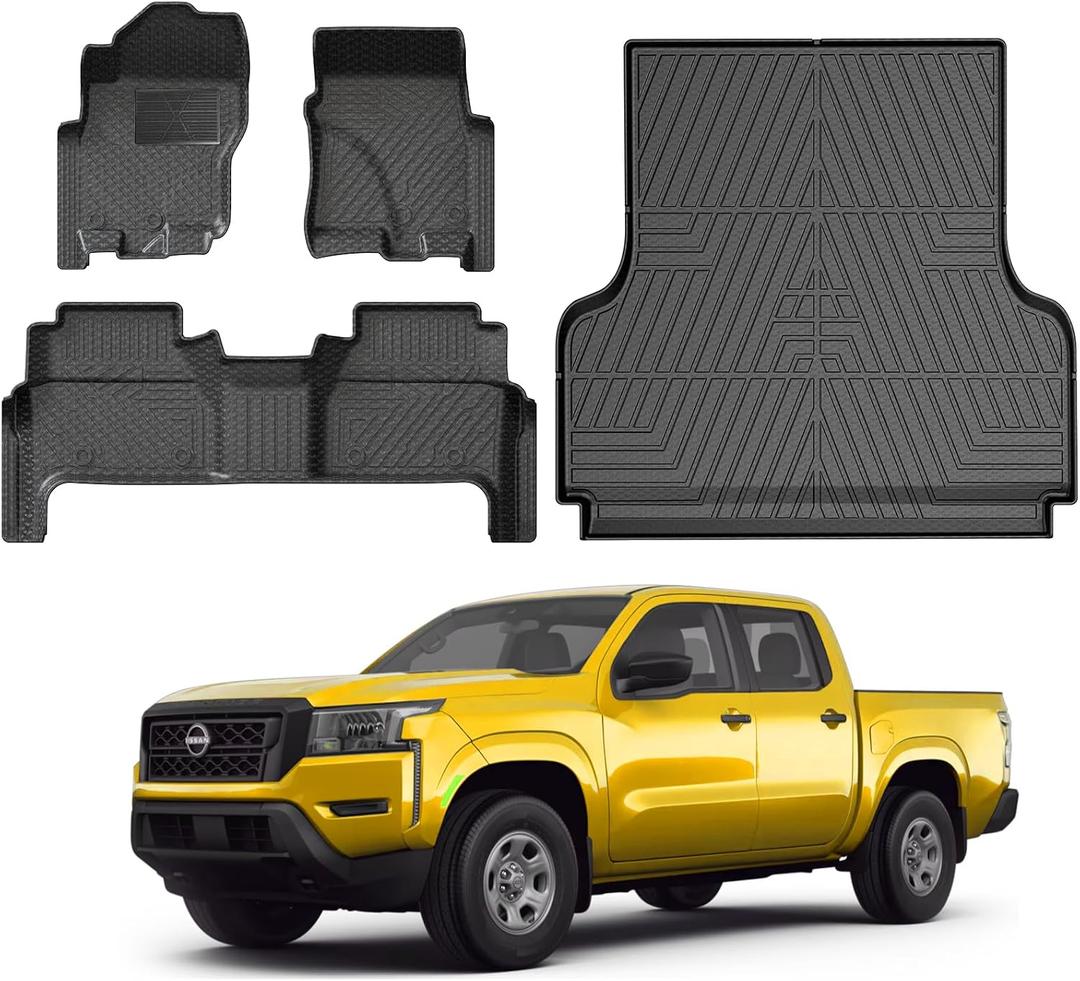 KUST Floor Mats Truck Bed Mat for 2022-2026 Nissan Frontier Accessories (Crew Cab with 2nd Row Under-Seat Storage), 5FT Bed Liner & All Weather Floor Liners Truck Mats, TPE Rubber, Raised Edge