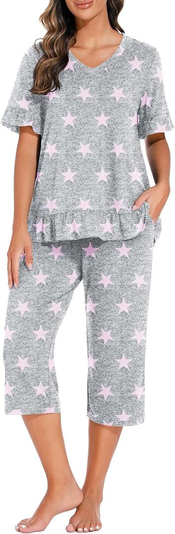 PrinStory Womens Pajama Set Short Sleeve Shirt and Capri Pants Sleepwear Pjs Set with Pockets (Gray, XXL)