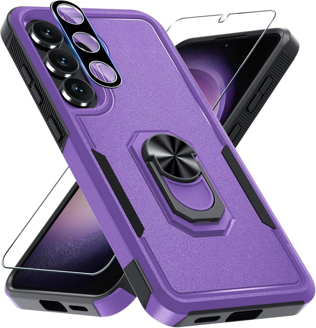 Janmitta for Samsung Galaxy S25 FE Case with Screen Protector+Camera Lens Protector,Heavy Duty Shockproof Full Body Protective Cover Built in Rotatable Metal Ring Holder Kickstand,2025 Lavender