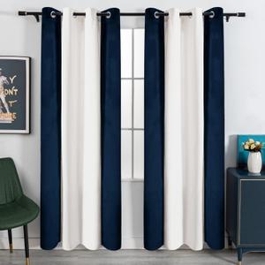 Victree Color Block Velvet Curtains for Bedroom, Patchwork Blackout Curtains 52 x 90 inch Length - Room Darkening Sun Light Blocking Grommet Window Drapes for Living Room, 2 Panels, Navy and White