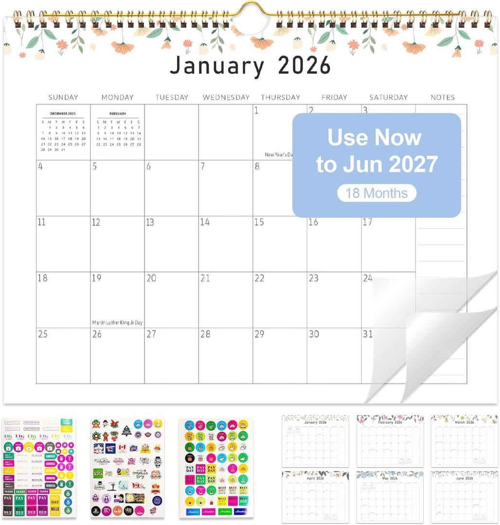 2 x Gannyfer 2026 Wall Calendar, 18-Month Calendar 2026-2027, Use from Jan 2026 to Jun 2027, Large Wall Calendar 2026, 14" x 11", Wall Planner for Your Family, School or Office (3 Stickers Included)
