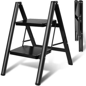 Upgraded 2 Step Ladder, 330 lbs Folding Aluminum Step Stool with Wide Anti-Slip Pedals, Lightweight & Portable Ladder for Kitchen, Closet, Office, Home Use - Black