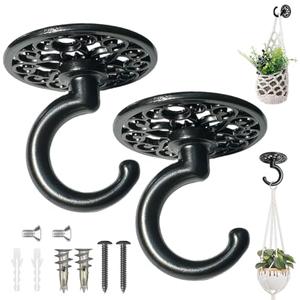Evsteluo Heavy Duty Ceiling & Wall Hook for Hanging Plants – Holds Up to 50 lbs – – Includes All Mounting Hardware for Drywall, Wood, Cement (2 Sets, Black)