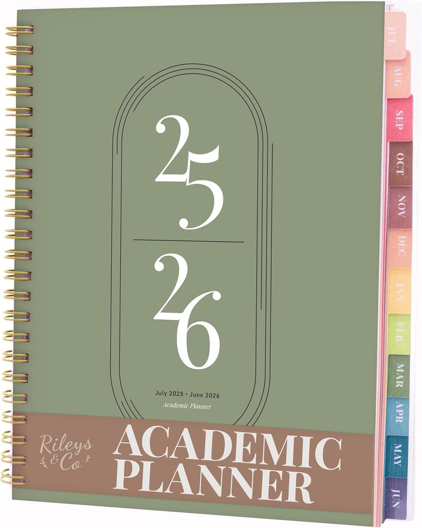 Rileys Academic Planner 2025-2026, Daily, Weekly & Monthly Planner, July 2025 - June 2026, Student Notes Pages, Twin-Wire Binding, Weekly Agenda for School & Work (8 x 6-Inches, Green)