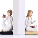 Reading Girl Bookends for Women, Resin Reading Woman Sculpture Bookends Set of 2, Aesthetic Bookshelf Decor for Home Office Library, Cute Feminine Book Ends for Book Lovers Gifts (Beige)
