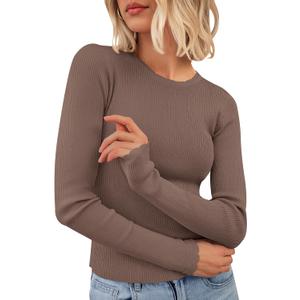 PRETTYGARDEN Womens Long Sleeve Shirts Ribbed Knit Fitted Cute Tops for Women Trendy Basic Pullover Shirt Fall Clothes (Beige, XXL)