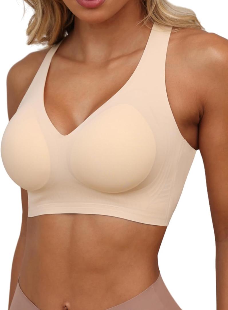 2 x HORISUN Women Wireless Bras Seamless Cross Back V Neck No Underwire Bralette Comfort T Shirt Bra (Beige, S)