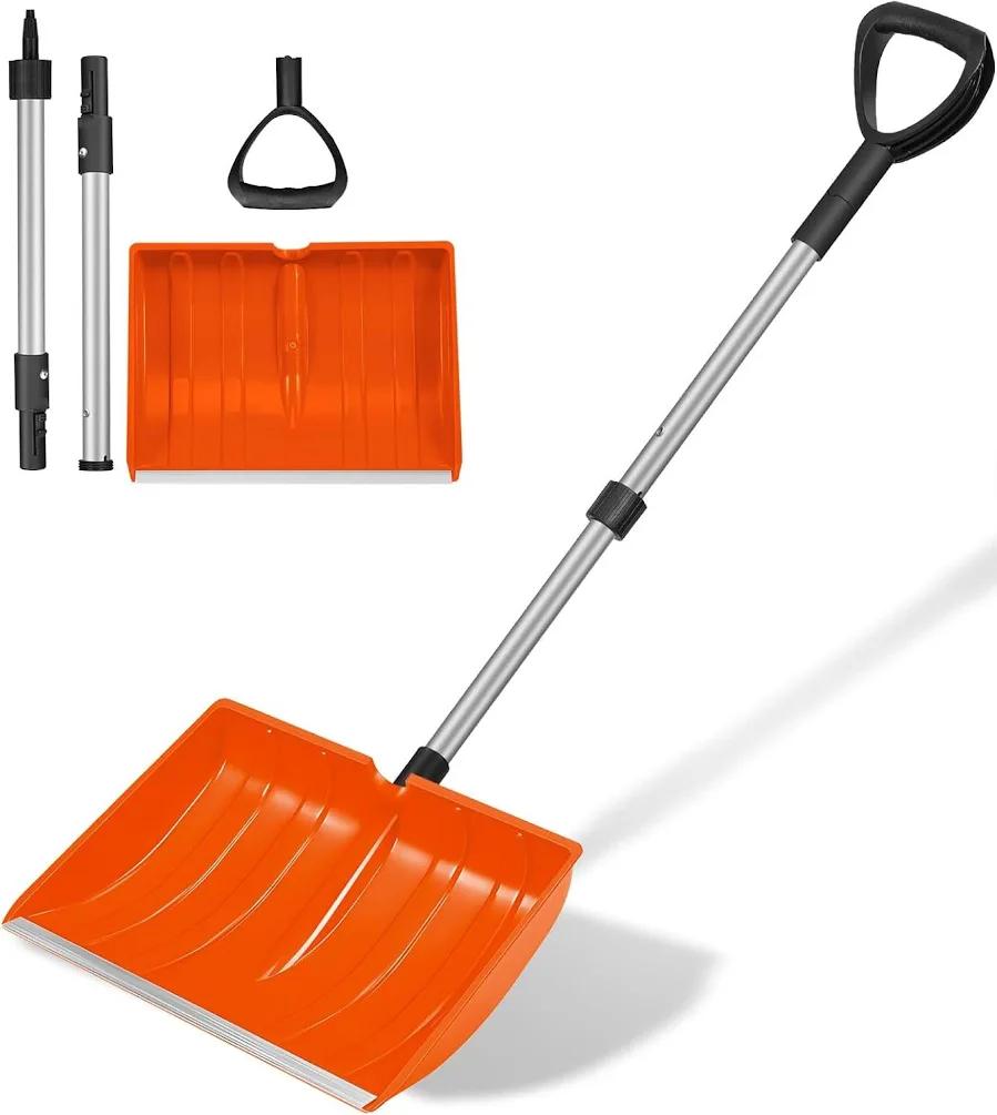 Snow Pusher Shovel for Driveway, Wide Snow Shovel for Car Garage, Sidewalks and Doorways, Professional Snow Pusher with Ergonomic D-Grip Handle Aluminum Strip, Orange