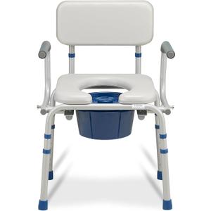 FSA/HSA Eligible Upgrade Drop Arm Bedside Commode, Commode with Padded Seat and Backrest, 500lbs Capacity, 6.3QT Removable Bucket, Adjustable Height Portable Toilet for Adults, Grey