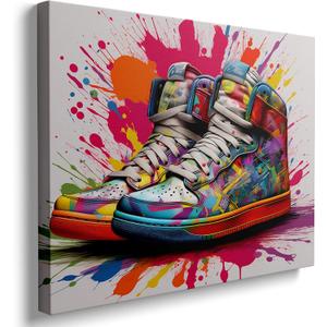 Framed Banksy Graffiti Sneaker Canvas Wall Art Colorful Shoes Decorations Pop Art Wall Decor For Kids Playroom Bedroom Living Room Artworks Ready To Hang (24L" x 16W")