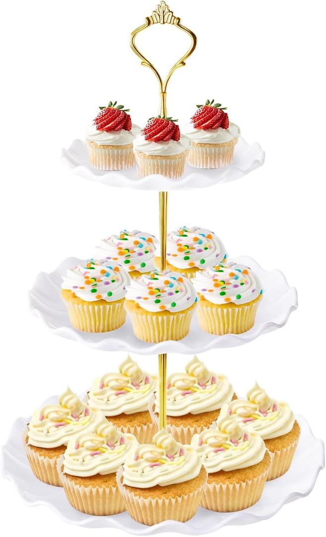 Hoedia 3 Tier Cupcake Stand Tower, Plastic White Cup Cake Holder for Dessert stands, Tiered Serving Tray for Tea Party, Birthday Party, Wedding Decor and Baby Shower(Round Wave)