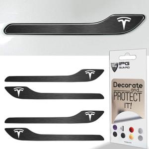 IPG for Tesla Model 3 / Model Y Door Handle Decal Sticker Wrap Kit (Set of 4) with Tesla Logo (Midnight Silver Brushed Aluminum)