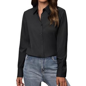 Women's Button Down Shirts Classic Fit Dress Shirt Work Business Casual Long Sleeve Blouse Tops (All Black)