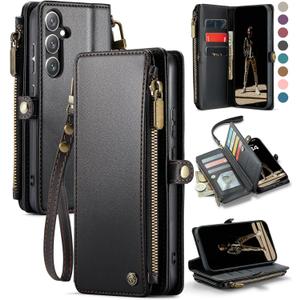 Defencase for Galaxy S25 Plus/S25+ Case Wallet with RFID Blocking Card Holder for Women Men, Elegant Leather Magnetic Snap Flip Strap Zipper Wallet Phone Cases for Samsung Galaxy S25 Plus 6.7", Black