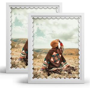 iRahmen 11x14 Picture Frame Set of 2, White Scalloped Wooden Photo Frames with Wavy Mat, Tempered Glass, for Tabletop Display or Wall Mount, Decorative Home Decor