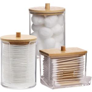 Tbestmax Bathroom Organizer Accessories Set-10 OZ,7 OZ Qtips Holder Storage with Brown Wood Lids, Cotton Ball/Swabs Dispenser, Apothecary Container Jar 3 Pcs