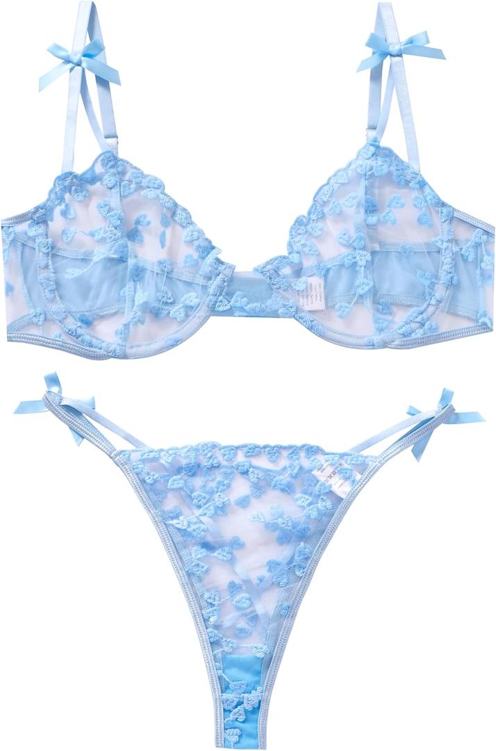 Sexy Womens Underwire Strappy Embroidered Mesh Sheer Lingerie V Neck Set See Bra 2 Piece (Small, Blue)