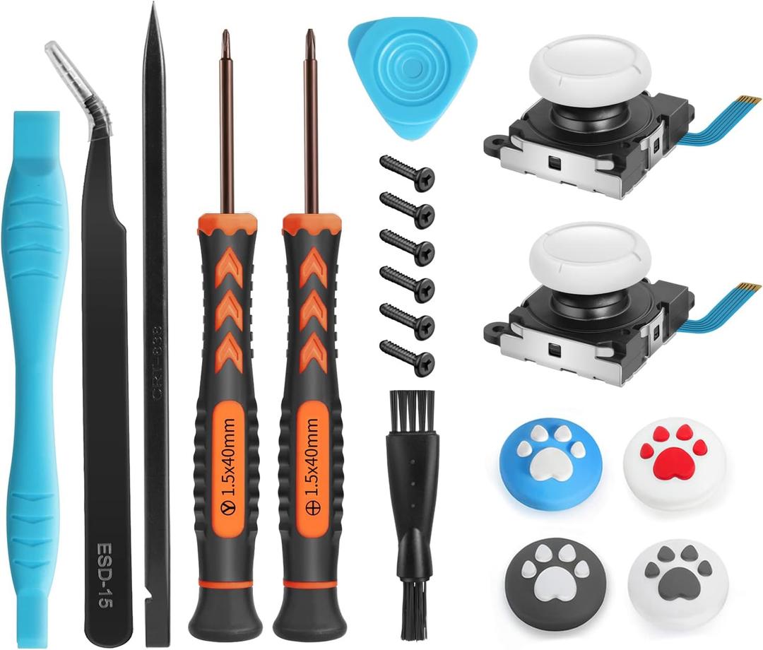 Joystick Replacement for Switch Lite  19 in 1 OEM Analog Stick Thumbstick Parts Repair Tool Kit Accessories with Y00 Triwing Screwdriver, Thumb Caps, Tweezers for OLED JoyCon Joy Con Controller (White)