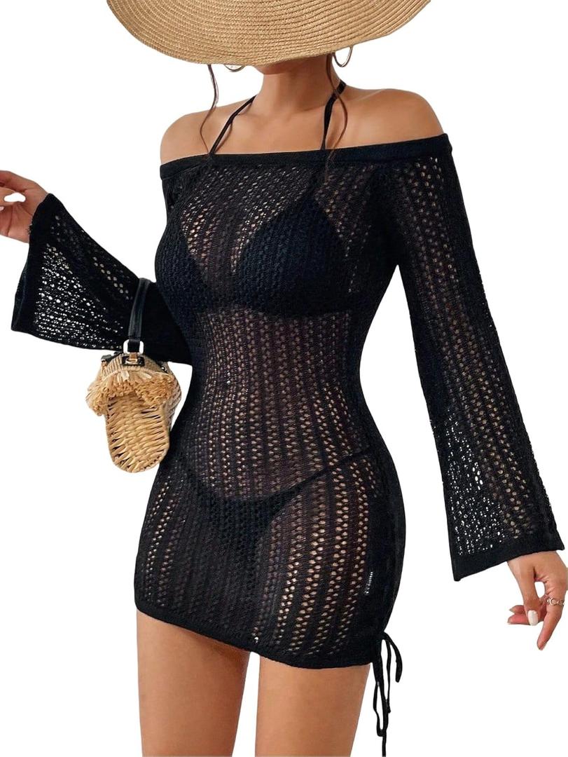 SISKIN Women's Bathing Suit Beach Cover Up Crochet Knit Tops Mesh Hollow Out Dress Drawstring Without Sexy Bikini (Black)