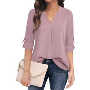 Timeson Women's Casual Chiffon V Neck 3/4 Sleeve Blouse Tops (Small, Dark Pink)