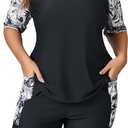 Halcurt Women's Plus Built in Bra Rash Guard Two Piece Swim Shirt and Pockets Boyleg Shorts (2X)