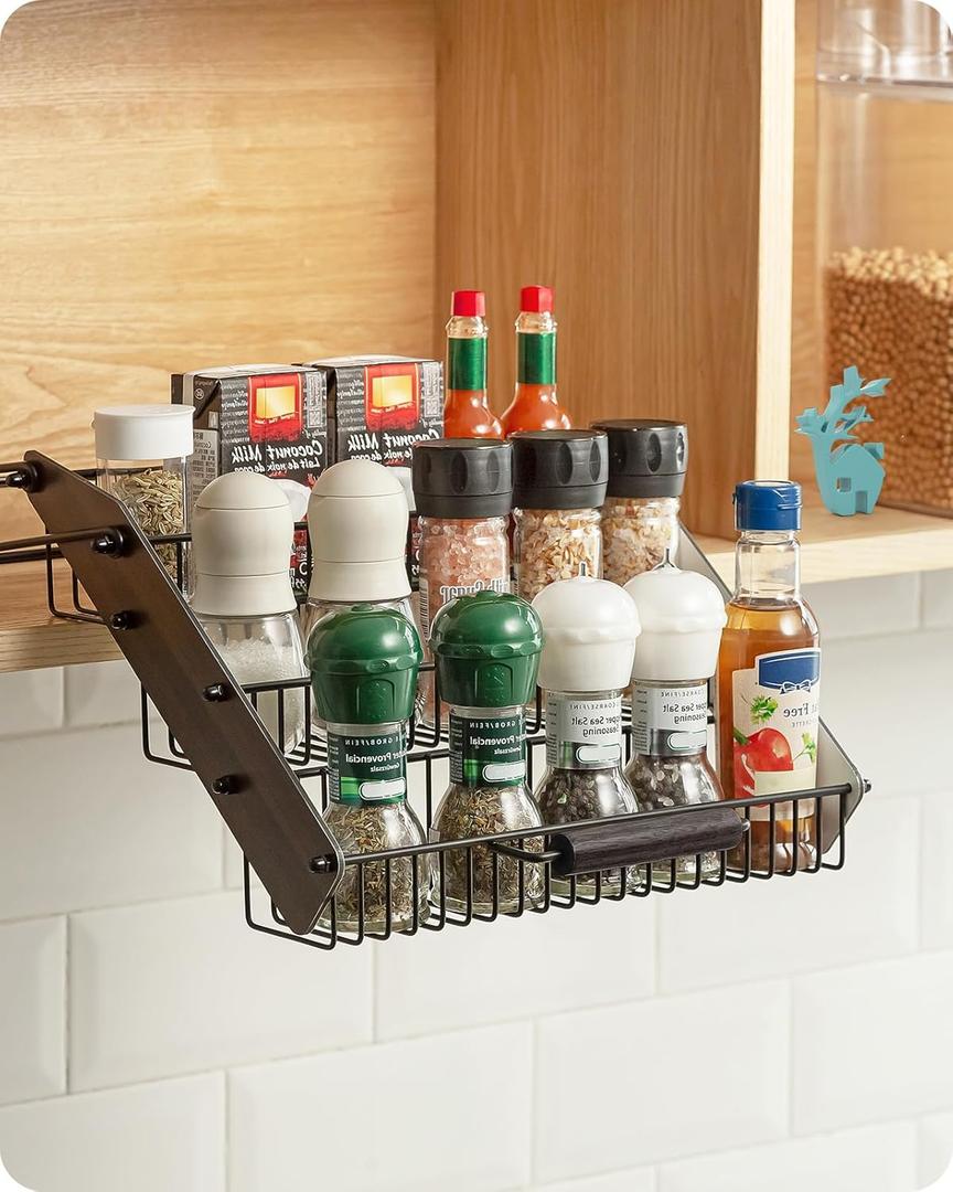 Baffect 3 Tiers Pull Down Spice Rack, Pull Out Spice Organizer for Inside Cabinets, Drop Down Spice Shelf with Spring Buffer Device for Kitchen Upper Cabinet, Black