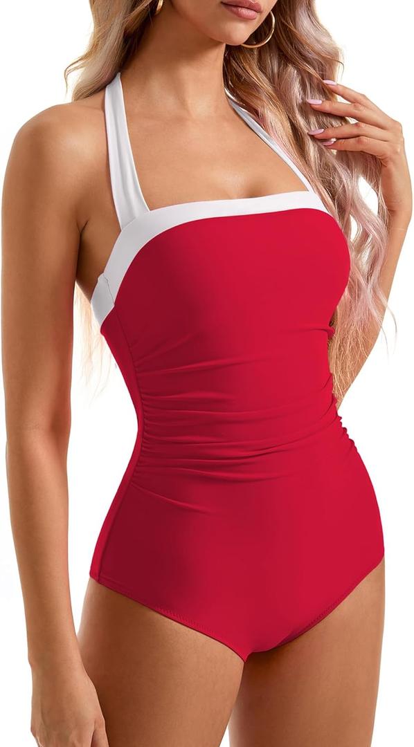 SUUKSESS Women Sexy Tummy Control One Piece Swimsuit Halter Retro Bathing Suit (68 Red White) XL