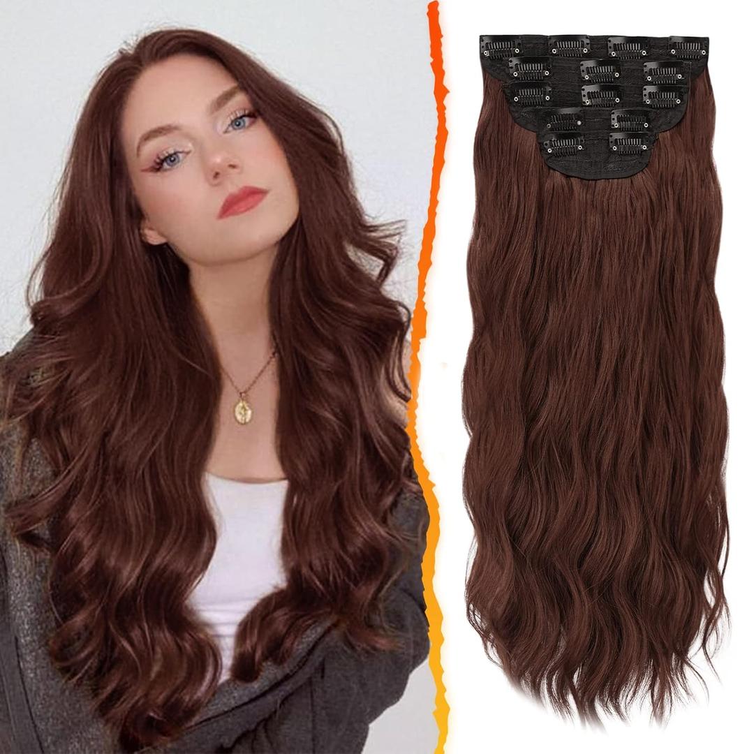 BARSDAR Chestnut Clip in Hair Extensions - 20 Inch Soft Wavy Clip in Hair Extensions for Women - 5PCs Thick Soft Synthetic Natural Looking Hairpieces Daily Party Halloween - Copper Chestnut