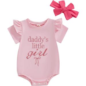 FYBITBO Daddys Little Girl Baby Outfit Ruffle Short Sleeve Shirt Onesie Bubble Romper Daddys Girl Clothes with Headband (Pink)