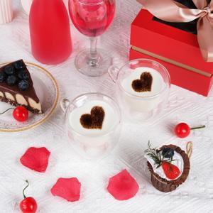 WHJY Double Wall Glass Coffee Mugs，Clear Coffee Cups Clear Unique Coffee Cups Heart Shaped Mug 5 oz Espresso Cups Heart Mugs Set of 2