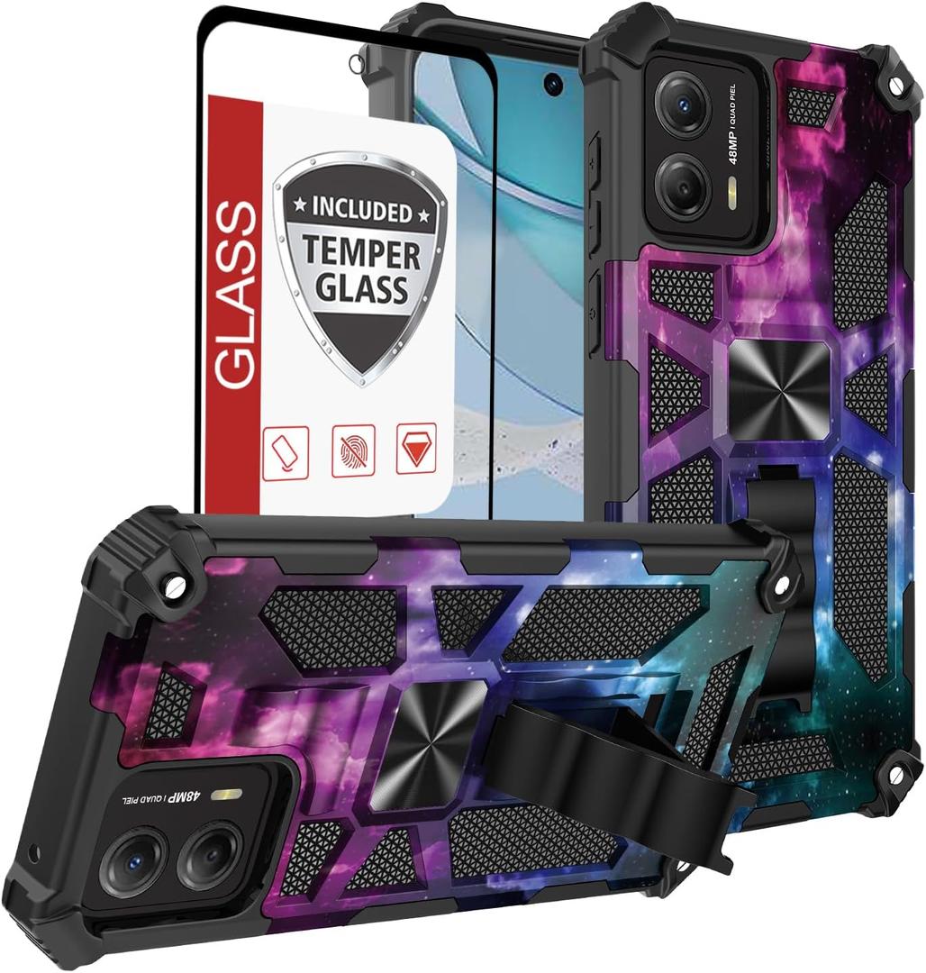 for Moto-G-5G-2024 Phone Case [Not Fit 2023,2022,2021] w/Tempered Glass Screen Protector(Full Coverage)[15FT Mil-Grade][Built-in Kickstand] Car Magnetic Protective Cover for Women Man Blue Star Galaxy