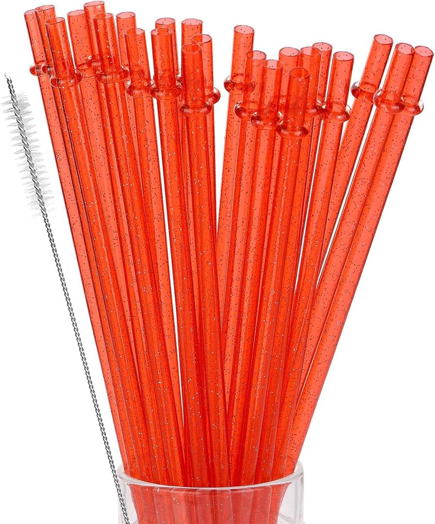 24Pcs Reusable Plastic Straws Colorful Plastic Straws, 11 Inch Long Hard Cup Drinking Straw with Cleaning Brush-Red