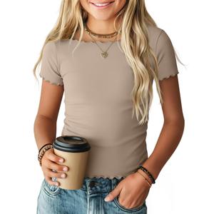 Langyiwee Girls Short Sleeve Shirts, Khaki, 9-10 Years
