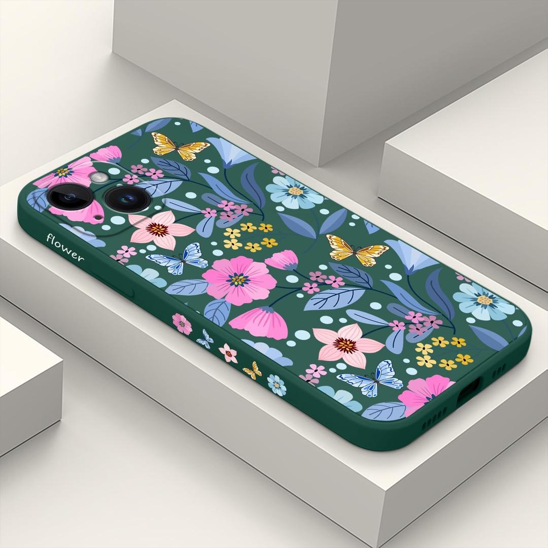 for iPhone 15 Case Anti Scratch Soft Microfiber Lining, Soft Shockproof Slim Fit Floral for iPhone 15 Phone Cover 6.1 inch-Flower Green