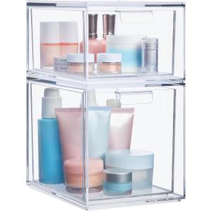 STORi Audrey Stackable Clear Bin Plastic Organizer Drawers | 2 Piece Set | Organize Cosmetics and Beauty Supplies on a Vanity | Made in USA (4.5" and 6.75" Tall Set)