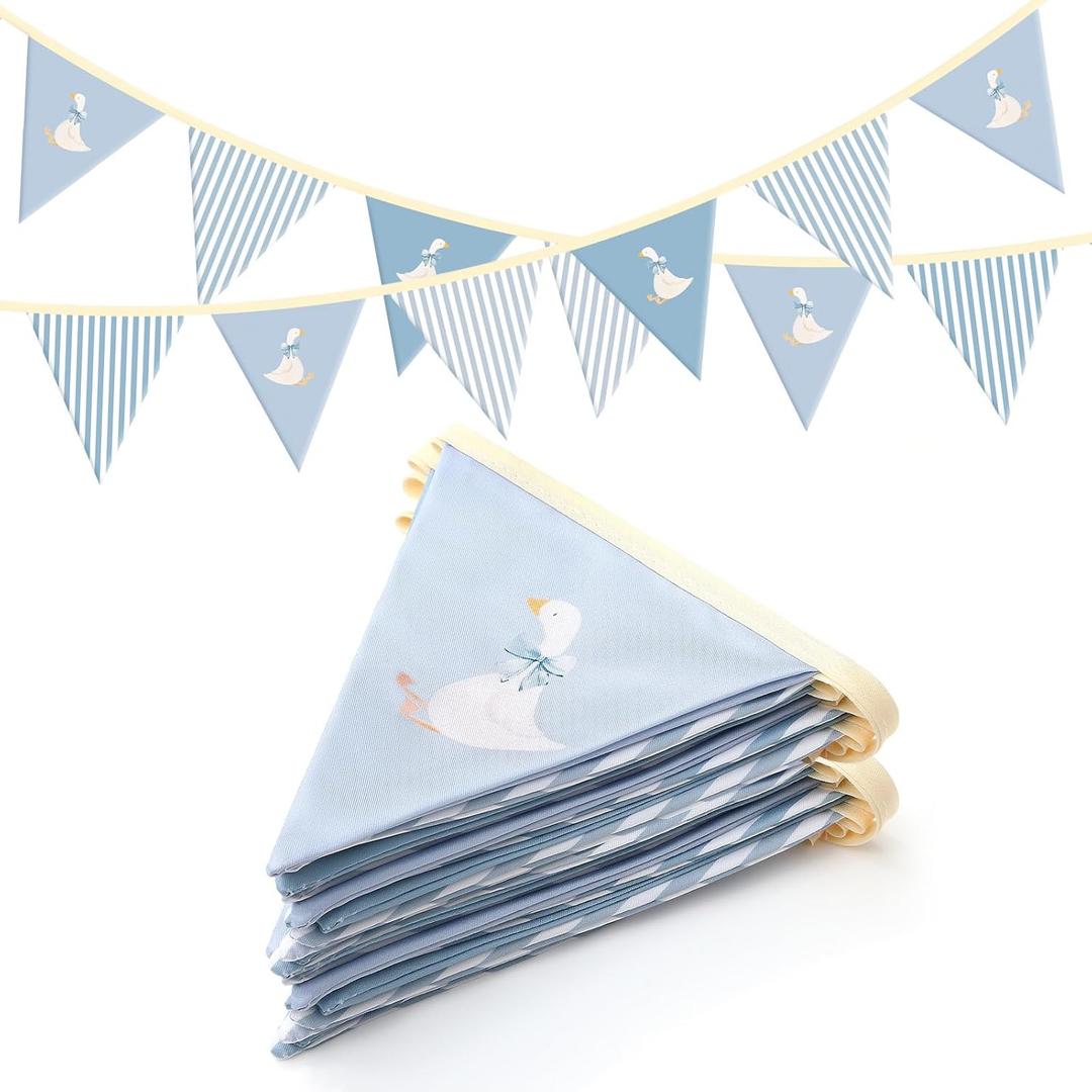 Hahafelt One Silly Goose Birthday Banner, Cute Silly Goose 1st Birthday Party Decorations Fabric Bunting Garland with Bow for Baby Shower, Nursery Room Decor(Stripes,Blue)