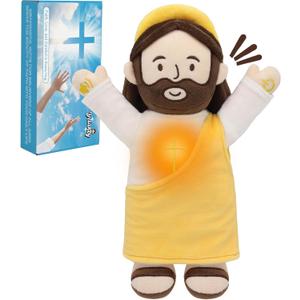 Talking Jesus Plush Toy with Glow, Resurrection of Jesus Speaks Bible Verses Story Songs, Jesus Stuffed Doll with Greeting Card, Plushie Suitable for Easter Christmas Baptism Gift