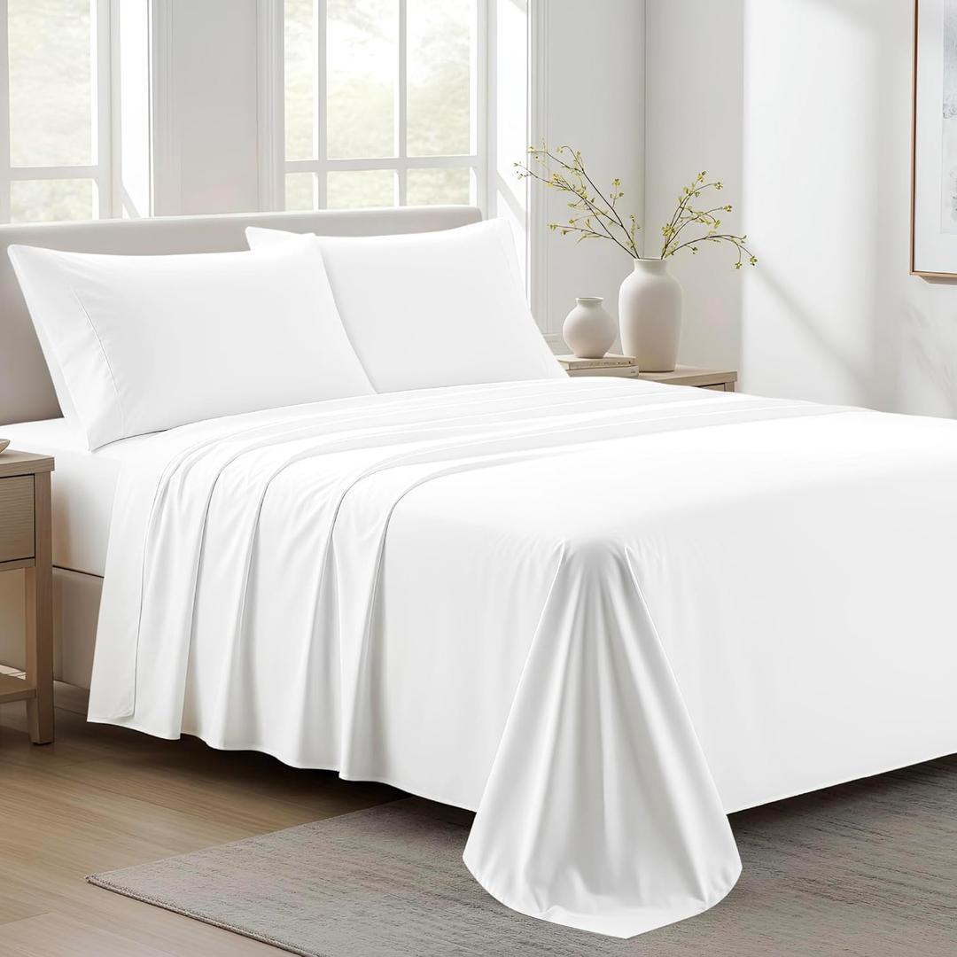 Ashton Sheets 100% Organic Cotton Sheets Queen Size - 4 PC Organic Cotton Queen Size Percale Weave Sheet Set, Soft, Cooling, Crisp & Breathable, 16" Deep Pocket Hotel Quality Bedding Set - White