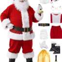 11pcs Santa Claus Costume for Men Women Adults Deluxe Santa Costumes Suit Outfit Christmas with Bell (Small, Red)