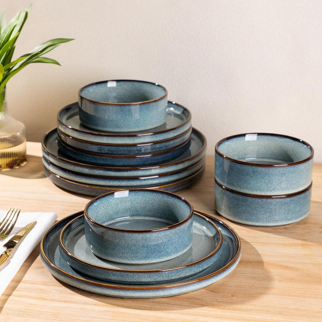 GBHOME Ceramic Dinnerware Sets for 4, 12 Pieces Stoneware Plates and Bowls Sets, Reactive Glaze Dishes -Scratch Resistant, Dishwasher&Microwave Safe (Space Blue)