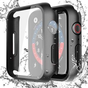 Misxi 2-Pack Waterproof Hard Case with Tempered Glass Compatible with Apple Watch SE 3 SE 2 SE Series 6 Series 5 Series 4 44mm, Ultra-Thin Protective Cover for iWatch Screen Protector, Matte Black