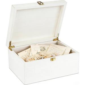 Larger Wooden Memory Wedding Keepsake Boxes With Hinged Lids - Decorative Storage Box With a Hinge Lids For Letter Time Capsule - Wooden Gift Boxes，5.3“*8.6”*11.7“ - White
