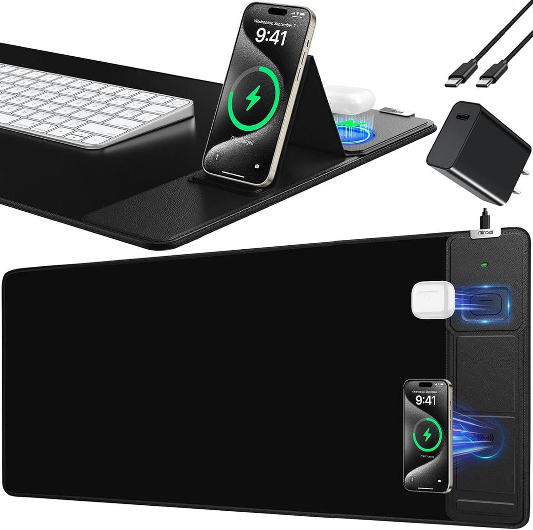 Mouse Pad with Foldable Phone Holder, Wireless Charging Desk Mat, 31.5"x15.8" Large Mousepad with Superior Micro-Weave Cloth, XXL Desk Pad with Non-Slip, Waterproof Keyboard Pad for Home & Office