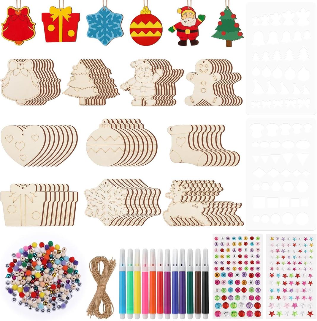 80Pcs Wooden Christmas Ornaments, 10 Styles Unfinished Wood Slice Ornaments Christmas Ornaments to Paint with Bells, Colored Markers, Stickers and Ropes for DIY Craft Making and Christmas Hanging