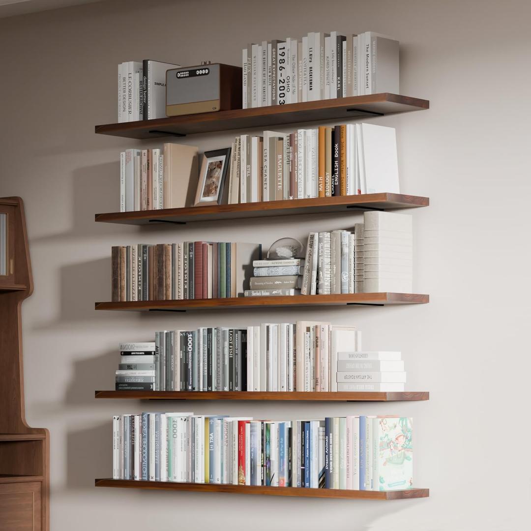 5 Tier Book Shelf,48 inch Long Floating Shelf for Wall,Adjustable Large Bookcase,Wall Mounted Bookshelf for Books/Lego/Plants (Walnut)