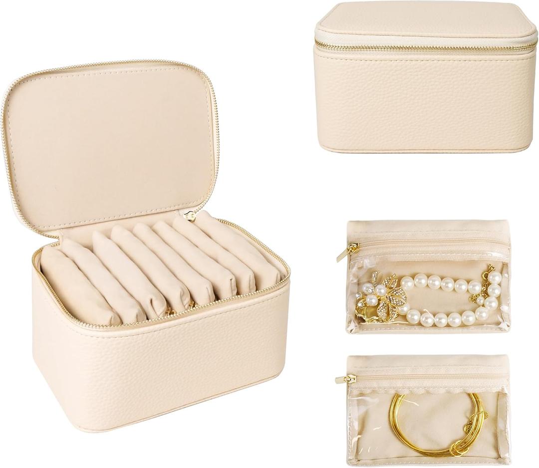 Travel Jewelry Case, Small Travel Jewelry Box with 8 Velvet Jewelry Bag Mini Pouch, Portable Travel Jewelry Organizer for Rings Earrings Necklaces (Beige 8 Pcs)