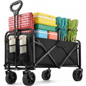 PASAMIC Collapsible Wagon 220 lbs, Heavy Duty Wagon Carts Foldable, Portable Wagons for Groceries, Beach Cart with All-Terrain Wheels & Drink Holders, Utility Wagon for Shopping, Sports, Camping,Black