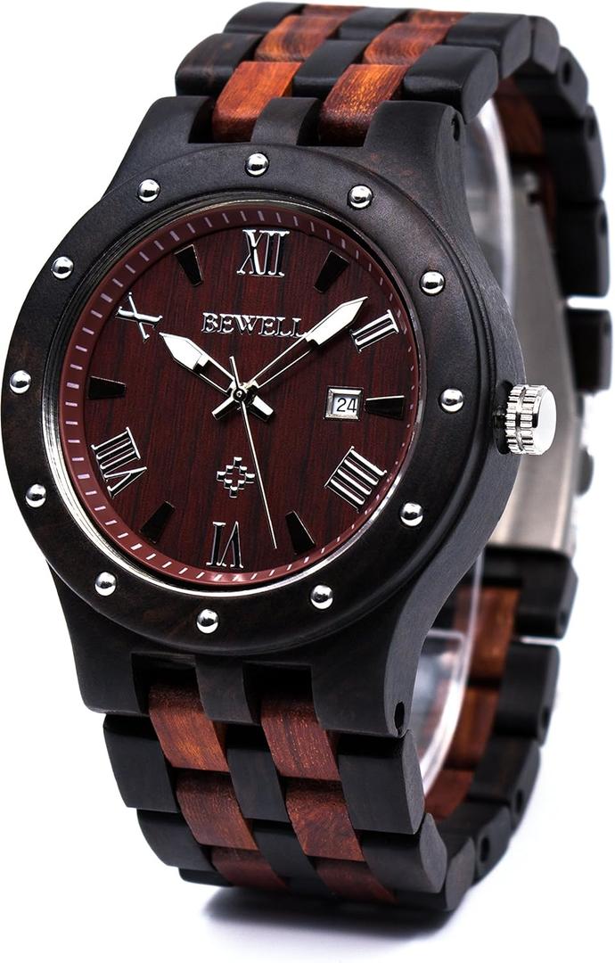BEWELL Men's Wooden Watches Handmade Date Display Analog Quartz Luminous Wristwatch, (Ebony and Red Sandalwood)