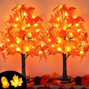 2 Pack 24 Inch Artificial Lighted Fall Maple Tree Thanksgiving Decorations with 48 LEDs Battery Operated Timer Prelit Acorn Maple Tree Lights for Thanksgiving Table Decor Home Indoor Autumn Harvest