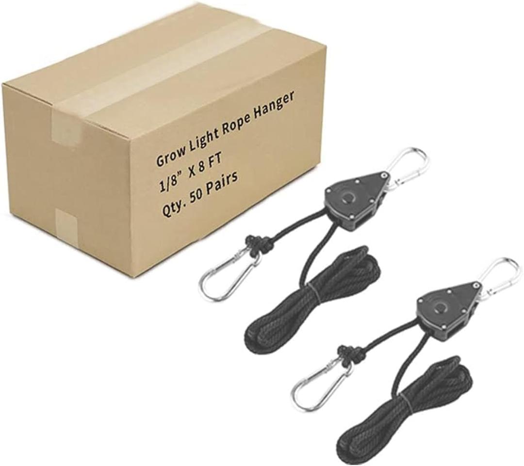 Grow Light Rope Hanger 50Pairs 1/8" 8-Feet Long Heavy Duty Adjustable Rope Clip Hanger, Adjustable Rope Ratchet Hangers 150 Lbs per Pair Used with Grow Light, Grow Bags